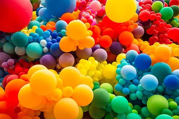 Vibrant clusters of colorful balloons in a wide range of shapes and sizes, creating a bright and dynamic display.