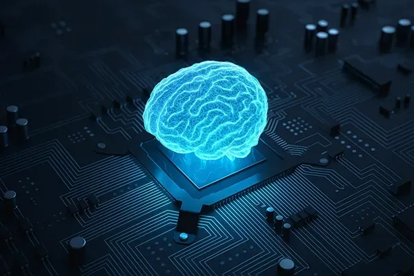 Glowing digital brain on a computer chip.