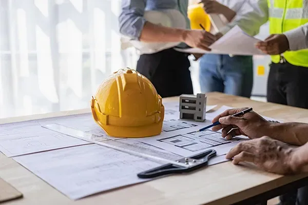 Construction team reviewing building plans and blueprints.