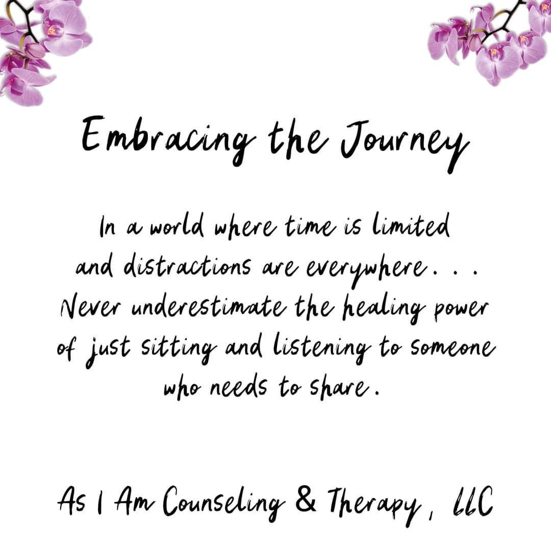 Motivational quote on white background with purple flowers: “Embracing the Journey” by ASI 4M Counseling & Therapy, LLC