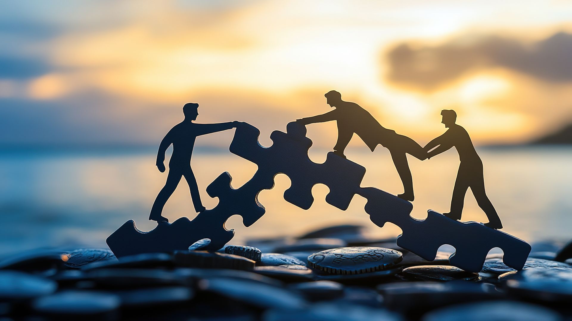 Silhouetted people connect puzzle pieces over stacked stones at sunset, symbolizing teamwork.