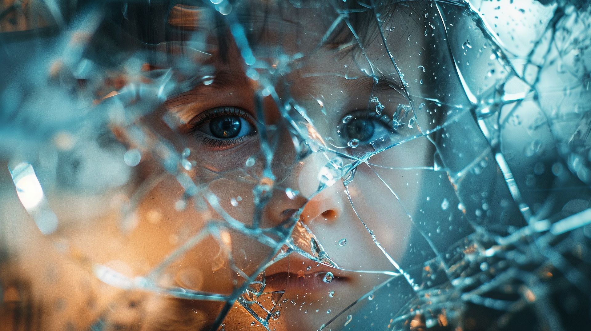 Close-up of a tearful child behind cracked glass, with blue and orange light reflections.