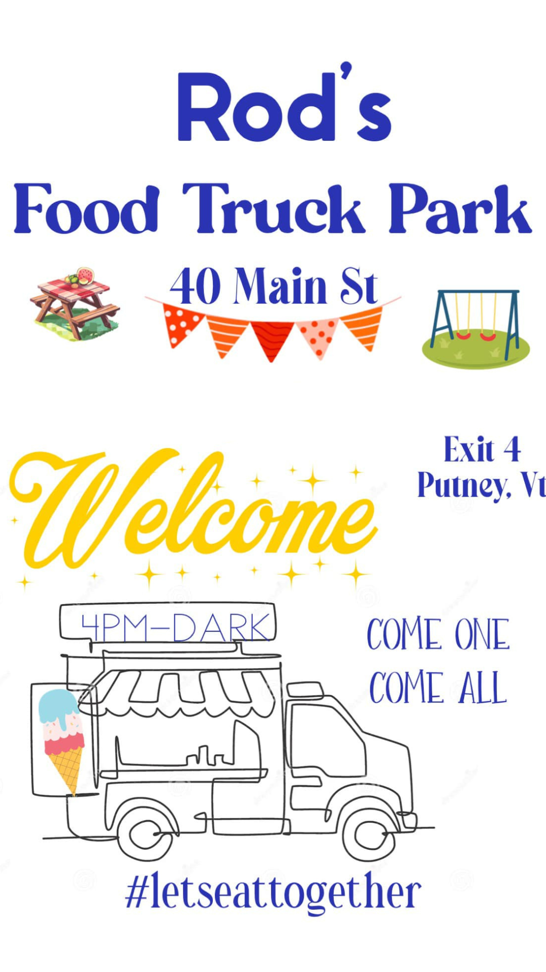 Sign for Rod's Food Truck Park, with text and illustrations of food truck, flowers, swing, and pennants.