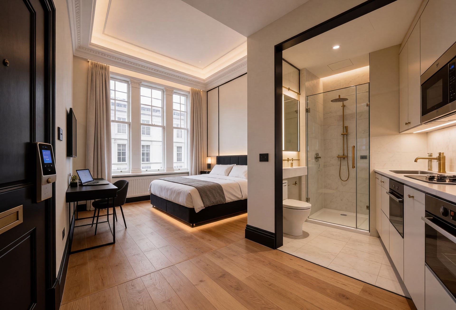 Modern studio apartment with bed, desk, kitchen, and glass shower bathroom