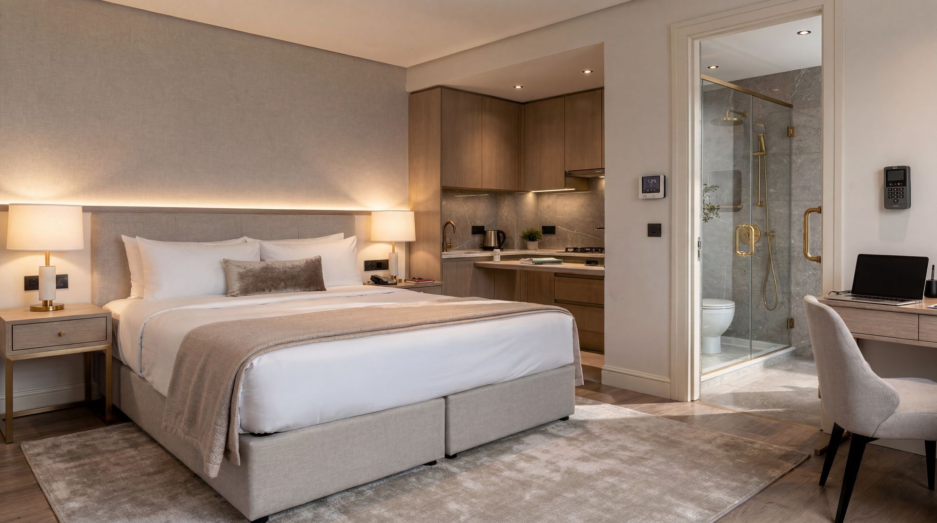 Modern hotel room with a king bed, kitchenette, bathroom, and desk in a neutral beige interior