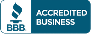 BBB Accredited Business badge with blue and white logo and text