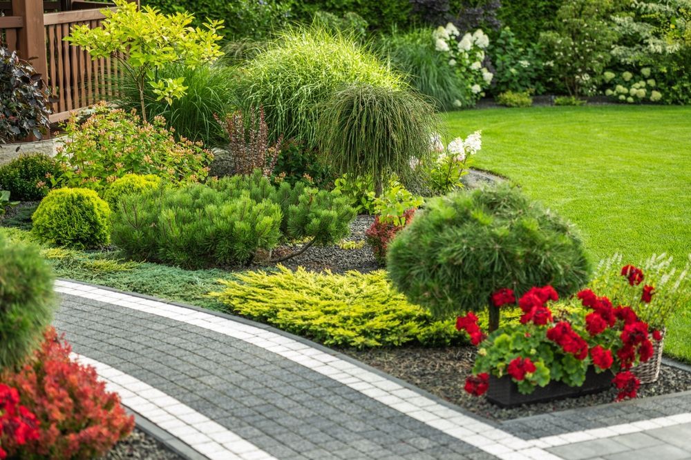Un rigoglioso giardino verde con un sentiero in mattoni e fiori.