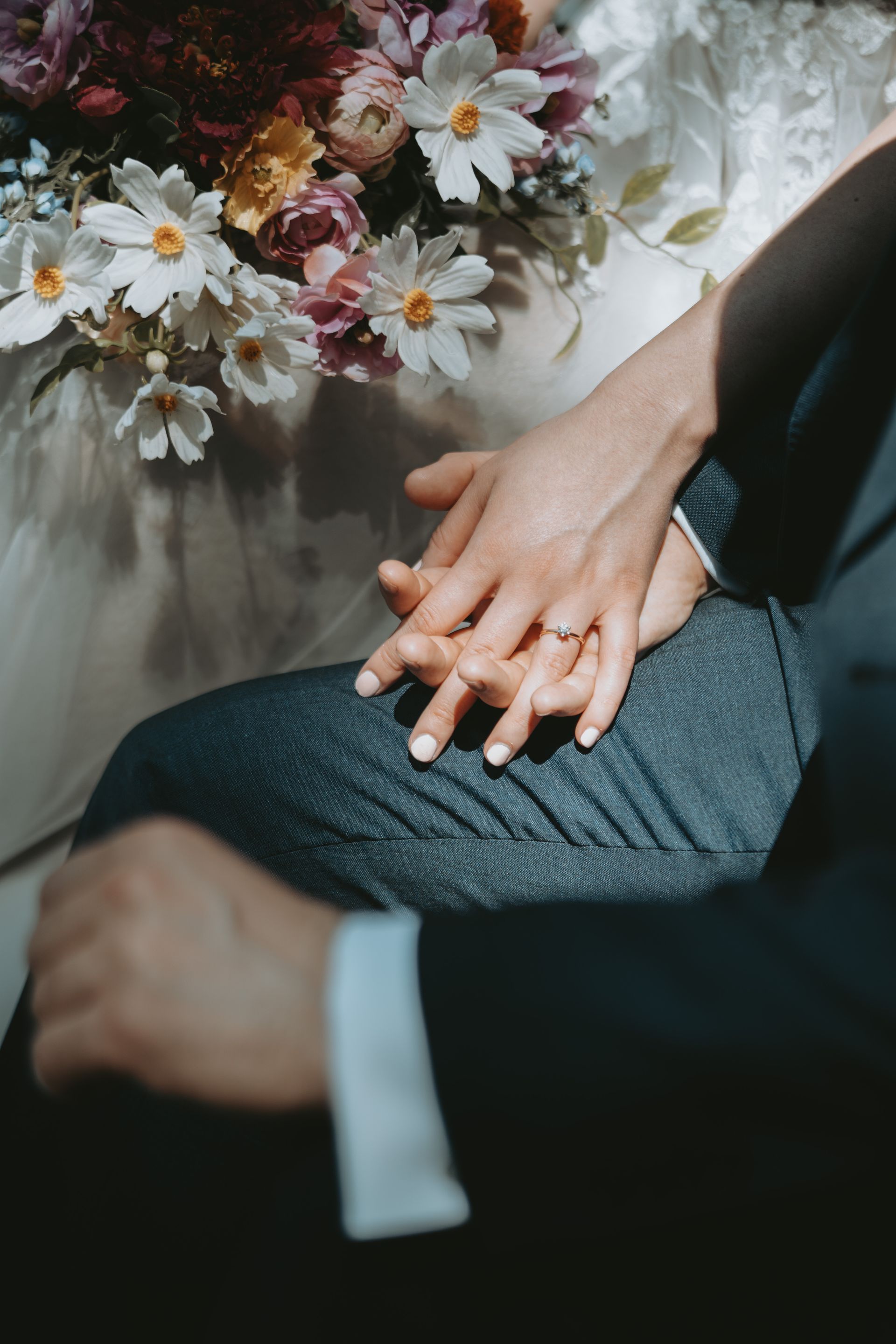 Close-up of two hands clasped together, one with a ring. Flowers in the background, formal attire.