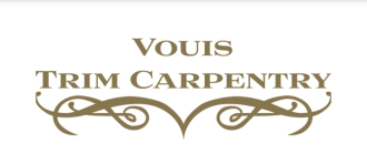 A logo for VOUIS TRIM CARPENTRY in elegant, gold serif lettering above a decorative, ornate gold scroll flourish.