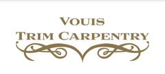 A logo for VOUIS TRIM CARPENTRY in elegant, gold serif lettering above a decorative, ornate gold scroll flourish.