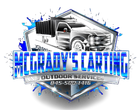 Logo for "McGrady's Carting and Outdoor Services" featuring a black dump truck in a blue hexagonal frame with phone number.