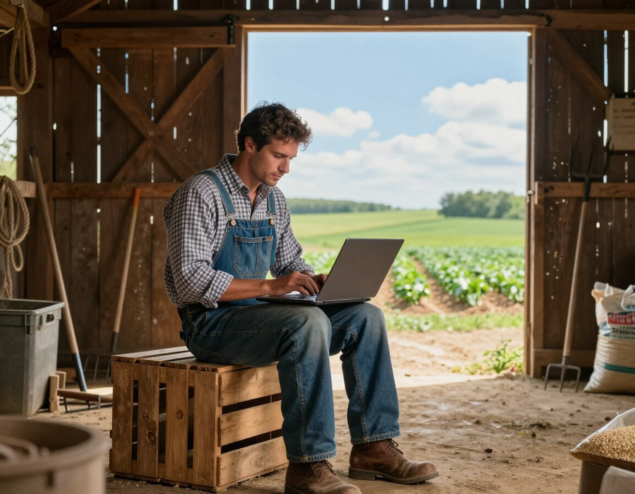 Farmer using a laptop in a barn