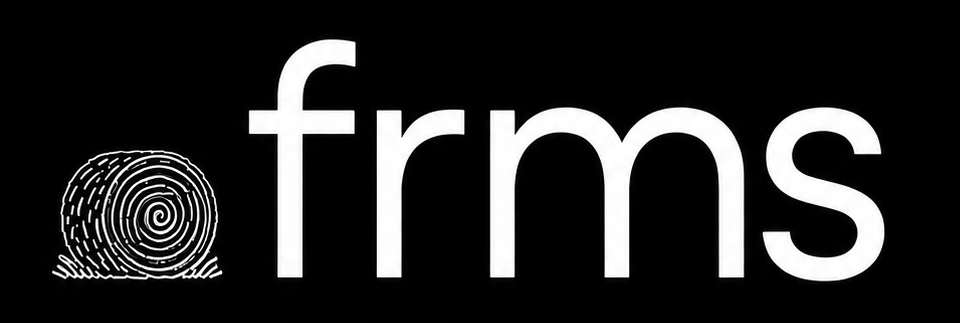 White “frms” text beside a white fingerprint icon on a black background