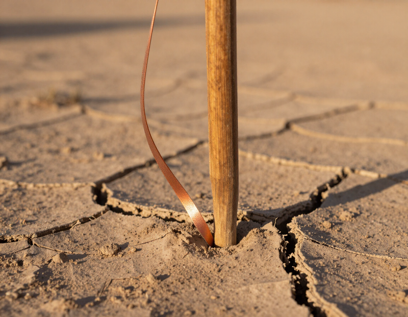 A surveyor's stake with a copper ribbon in dry desert soil