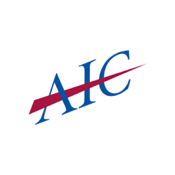 Blue “AIC” logo with a red diagonal stripe through the letters