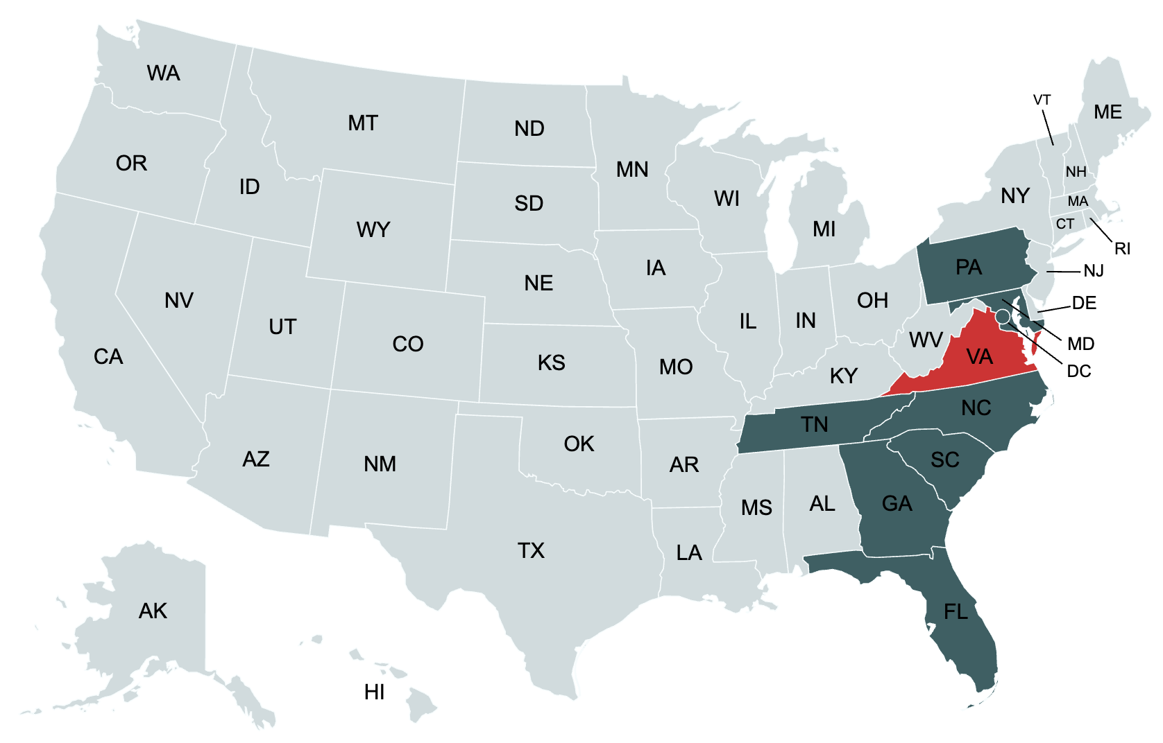 U.S. map with southeastern states shaded dark teal and Maryland highlighted in red, others gray.