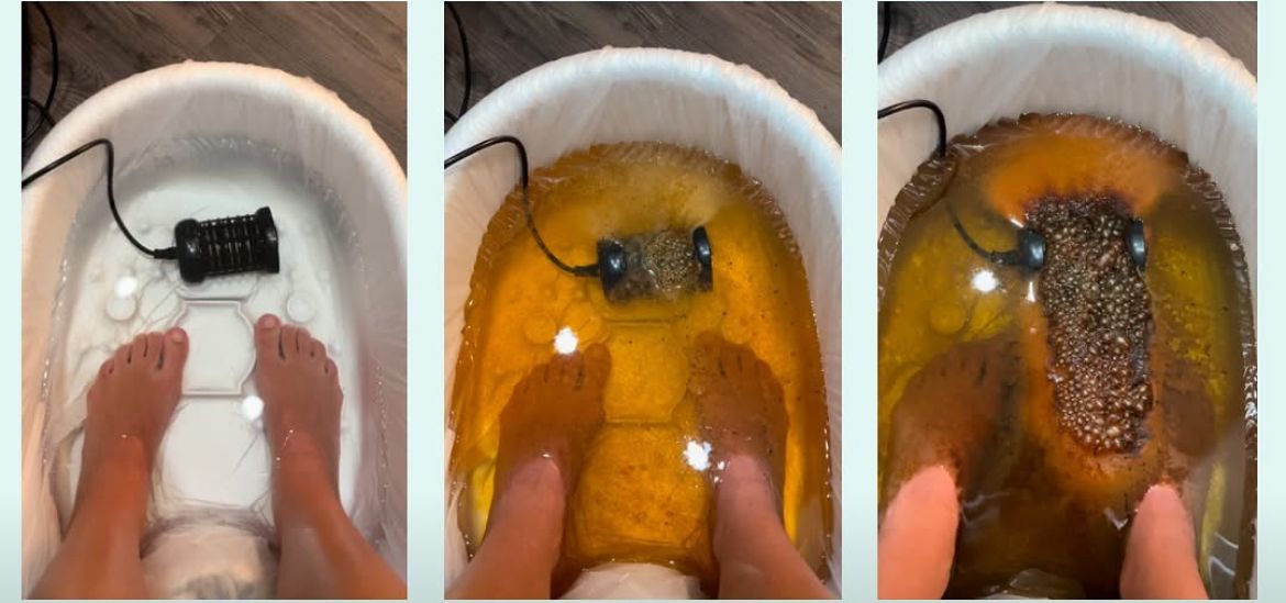 Three-panel sequence of feet soaking in a white basin as black liquid spreads and foams around them.