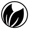 Black-and-white circular logo with a stylized leaf or flame icon inside