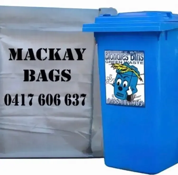 A Blue Bin That Says Mackay Bags On It — Blondies Bins in East Mackay, QLD