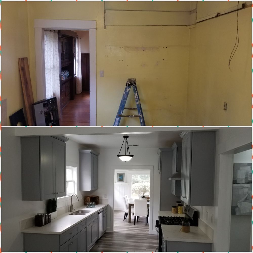 Kitchen renovation before-and-after: yellow workroom with ladder above a gray modern kitchen.