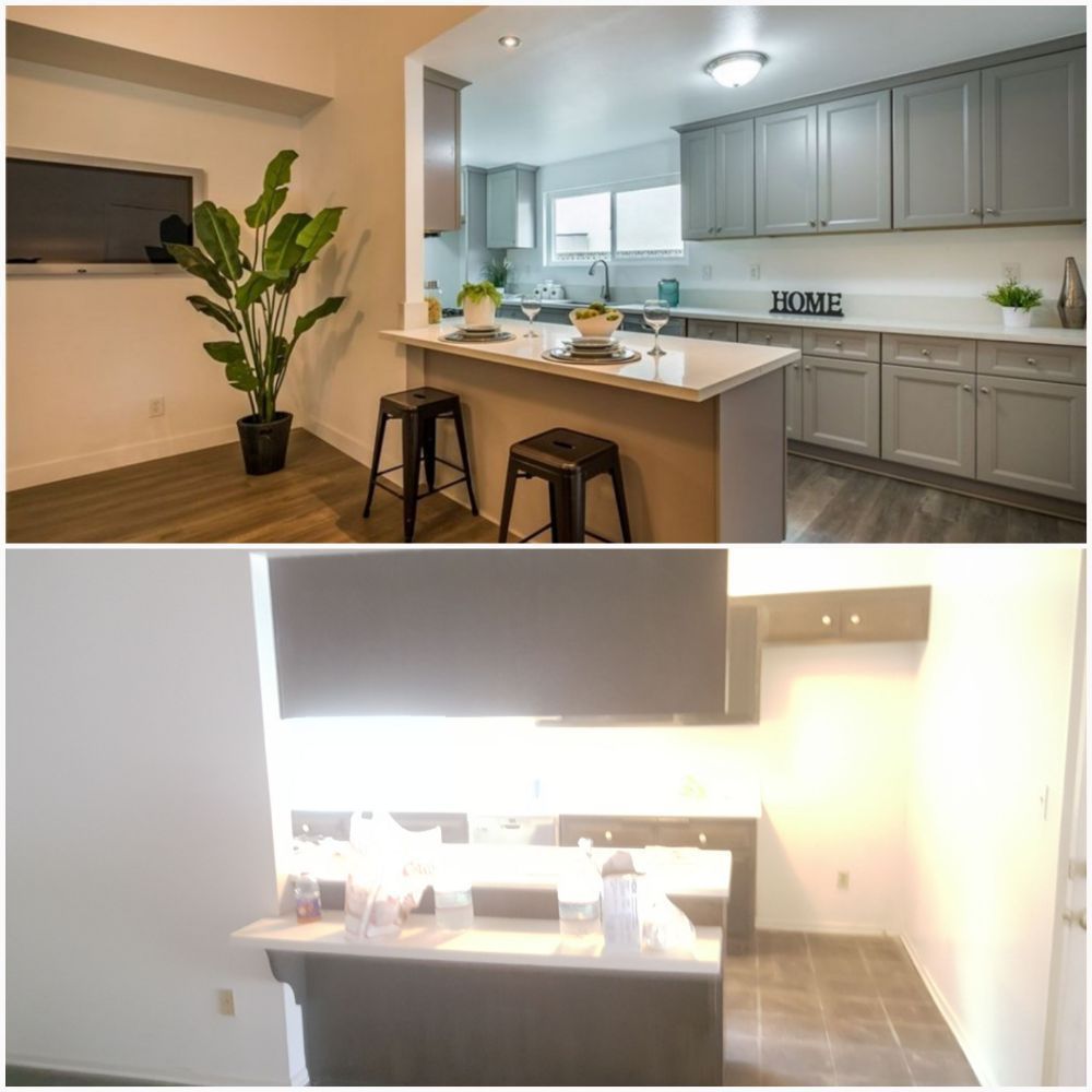 Bright kitchen with gray cabinets, white island, bar stools, and potted plant; lower view shows same kitchen space