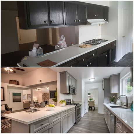 Before-and-after kitchen renovation: dark outdated cabinets above, bright modern white kitchen below.