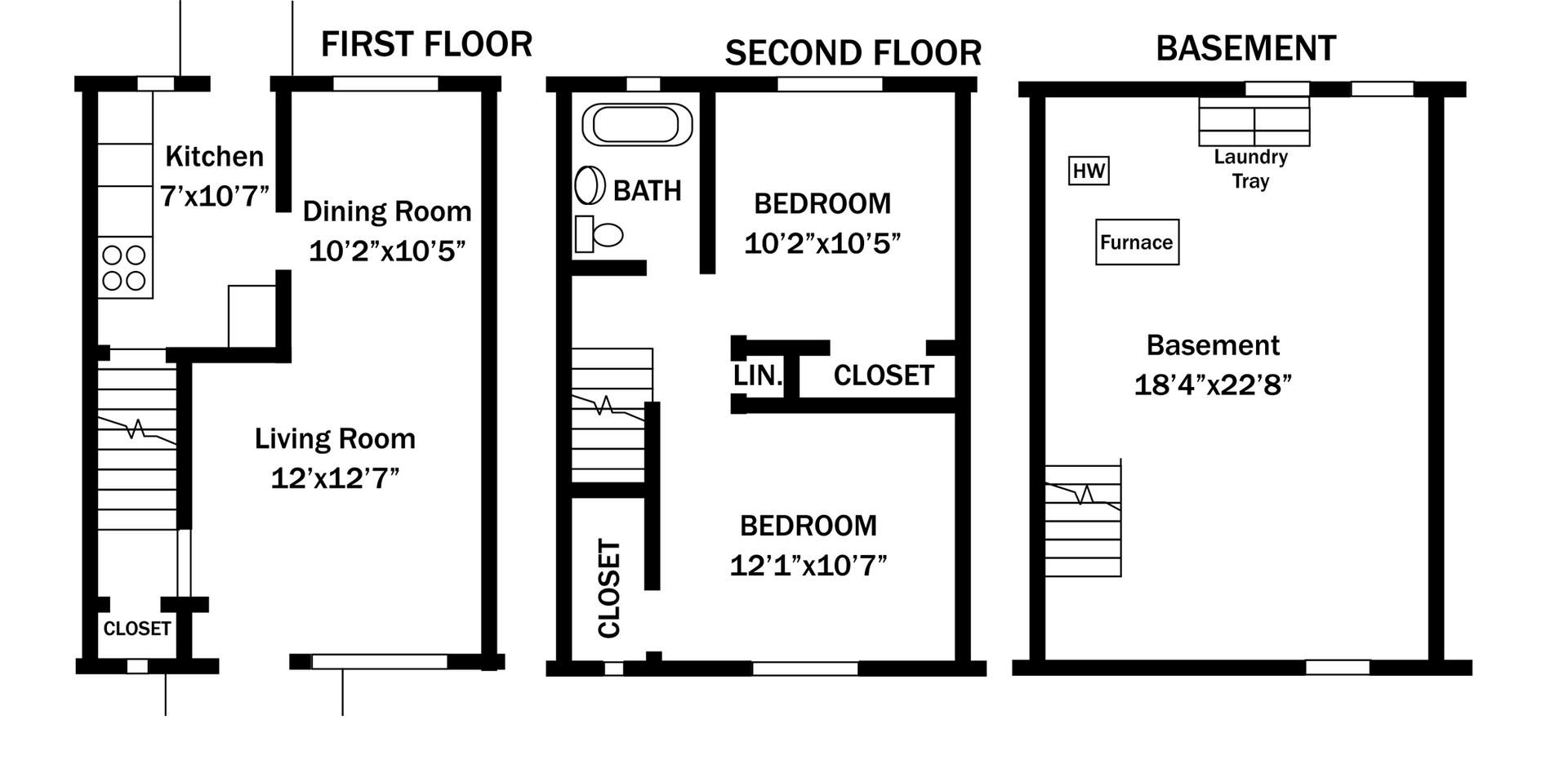 Floor plan showing first floor with kitchen, dining room, and living room, second floor with two bedrooms and a bath, and a basement.