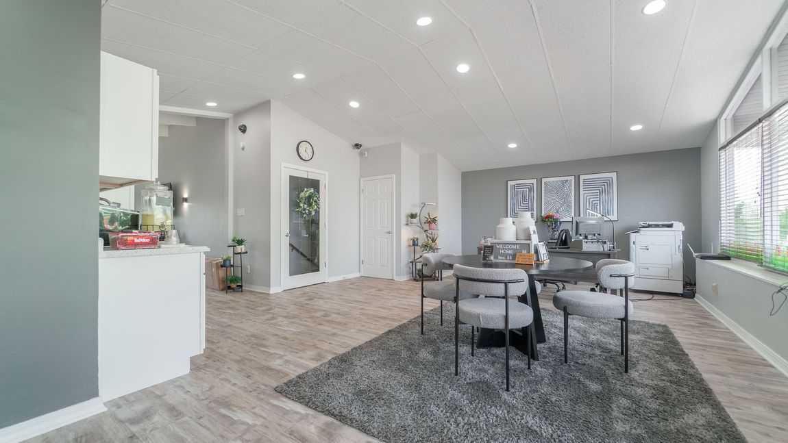 Bright, modern open space with gray walls, a dining area on a gray rug, and white cabinets.