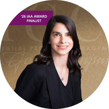 Woman in black blazer smiles, set against a brown background with text.
