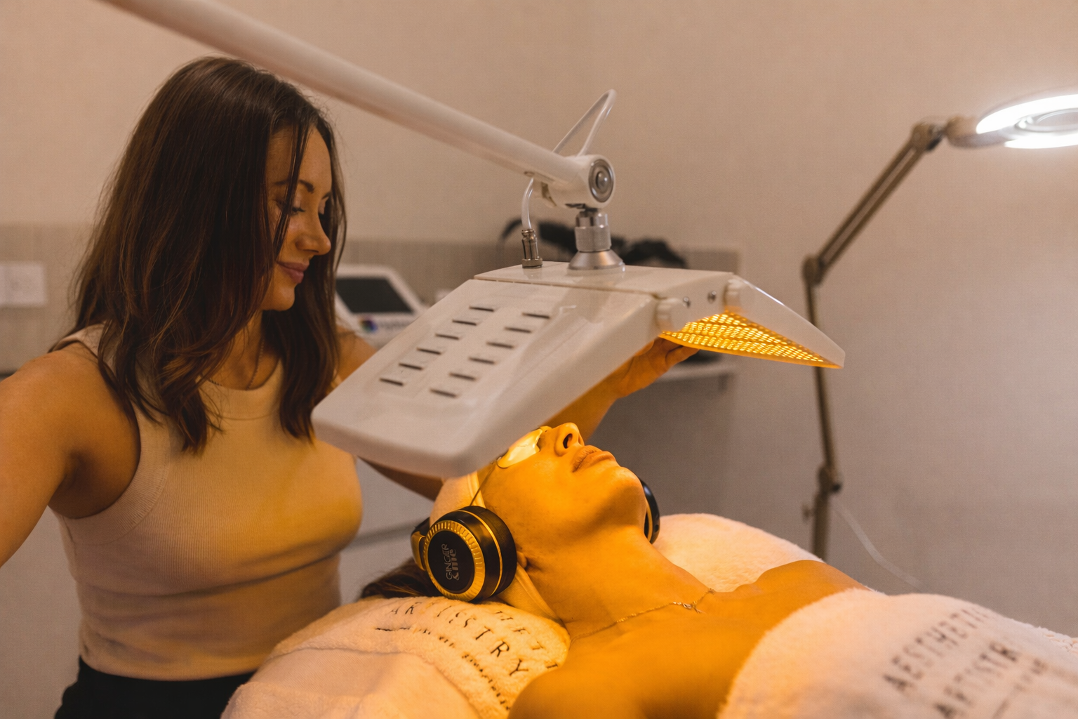 a woman getting an LED light therapy treatment