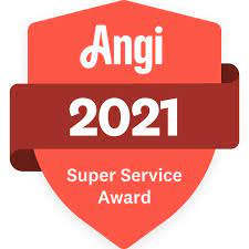 A red shield with the words `` angi 2021 super service award '' written on it.