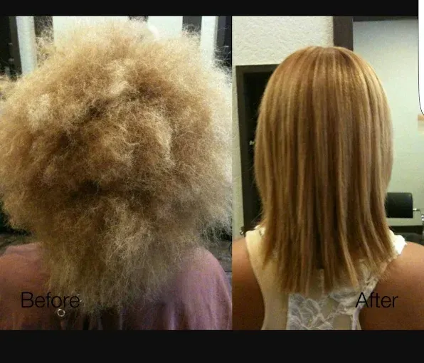 A split-screen comparison showing a woman’s hair before and after a smoothing treatment, transitioning from frizzy to sleek.
