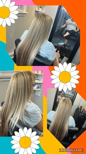 A collage showing a person with long, blonde, crimped hair styled in a salon, viewed from various angles.