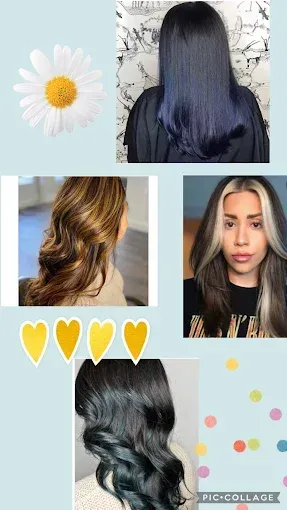 A collage of five hair styles including dark, wavy, and highlighted hair, decorated with a daisy and heart icons.