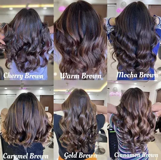 A grid of six labeled photos displaying various brown hair color shades, including cherry, warm, mocha, caramel, gold, and cinnamon.