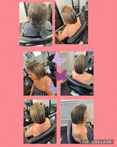 A collage showing a person's hair transformation, starting with thinning hair and ending with a smooth, highlighted bob.