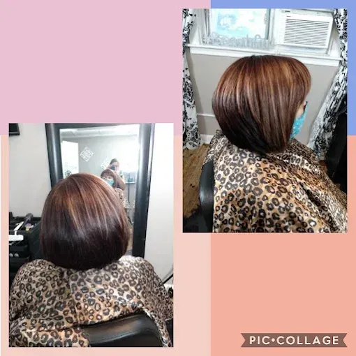A collage showing a sleek, graduated bob haircut with brown and blonde highlights from both the back and side views.