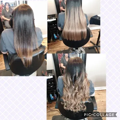 A hair transformation collage showing a client's long, dark hair being lightened to a balayage style, styled with curls.