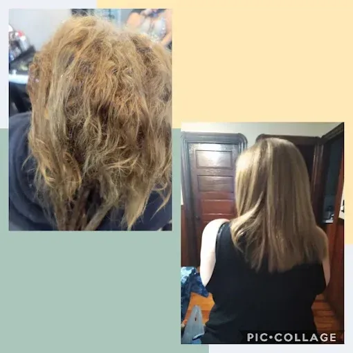 Before and after photos showing messy, frizzy, light brown hair transformed into smooth, straight, conditioned hair.