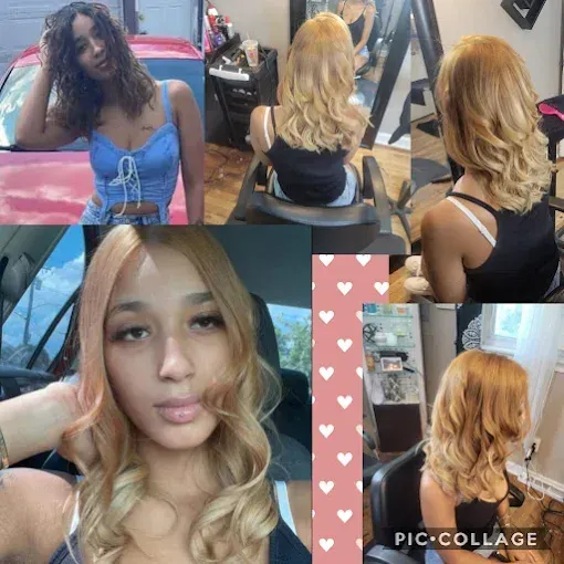 A photo collage showing a transition from dark, curly hair to a light blonde, wavy style in a salon setting.