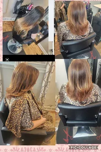 A collage showing a hair transformation from long, dark hair to a shorter, layered, copper-brown style in a salon setting.