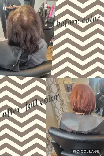 Before and after photos of hair dyed a warm auburn red, showing the transformation from a dark brown shade.