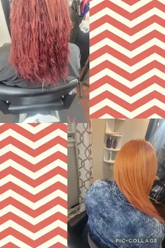 Before-and-after photos of hair transformation: dark red, textured hair compared to smooth, lighter copper-toned hair.