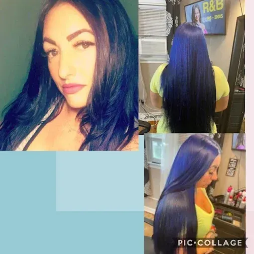 A three-panel collage shows a person with long, straight, dark blue hair in a salon setting.