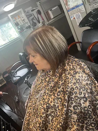 A side profile of a person in a leopard-print salon cape wearing a sleek, multi-toned brown and blonde bob haircut.