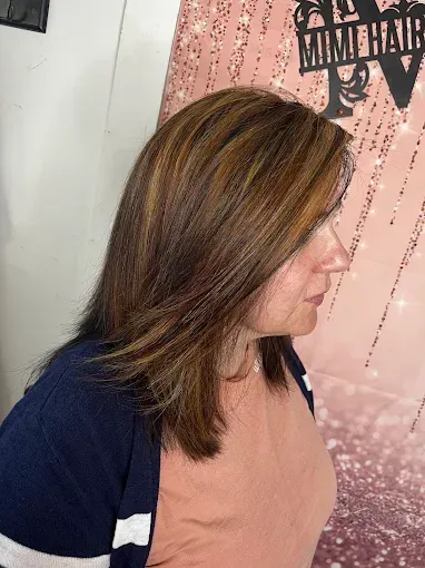 A side-profile view of shoulder-length, dark brown hair with blonde highlights, set against a pink, sparkly backdrop.