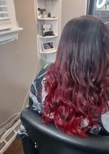 Back view of a person with long, dark brown hair transitioning into a vibrant, deep red ombre color at the ends.