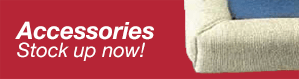A red background with white text that says accessories stock up now