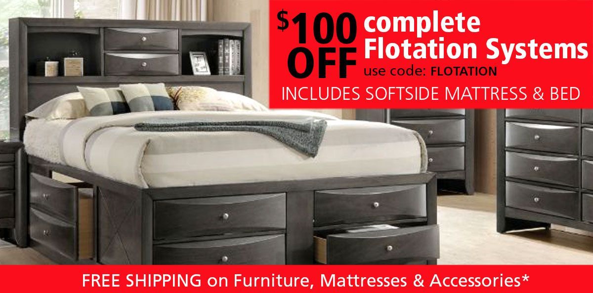 A bedroom with a bed and a sign that says $ 100 complete flotation systems