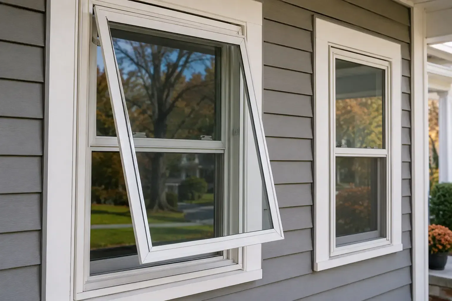 Open white window on a gray house exterior with a lawn and trees reflected in the glass.